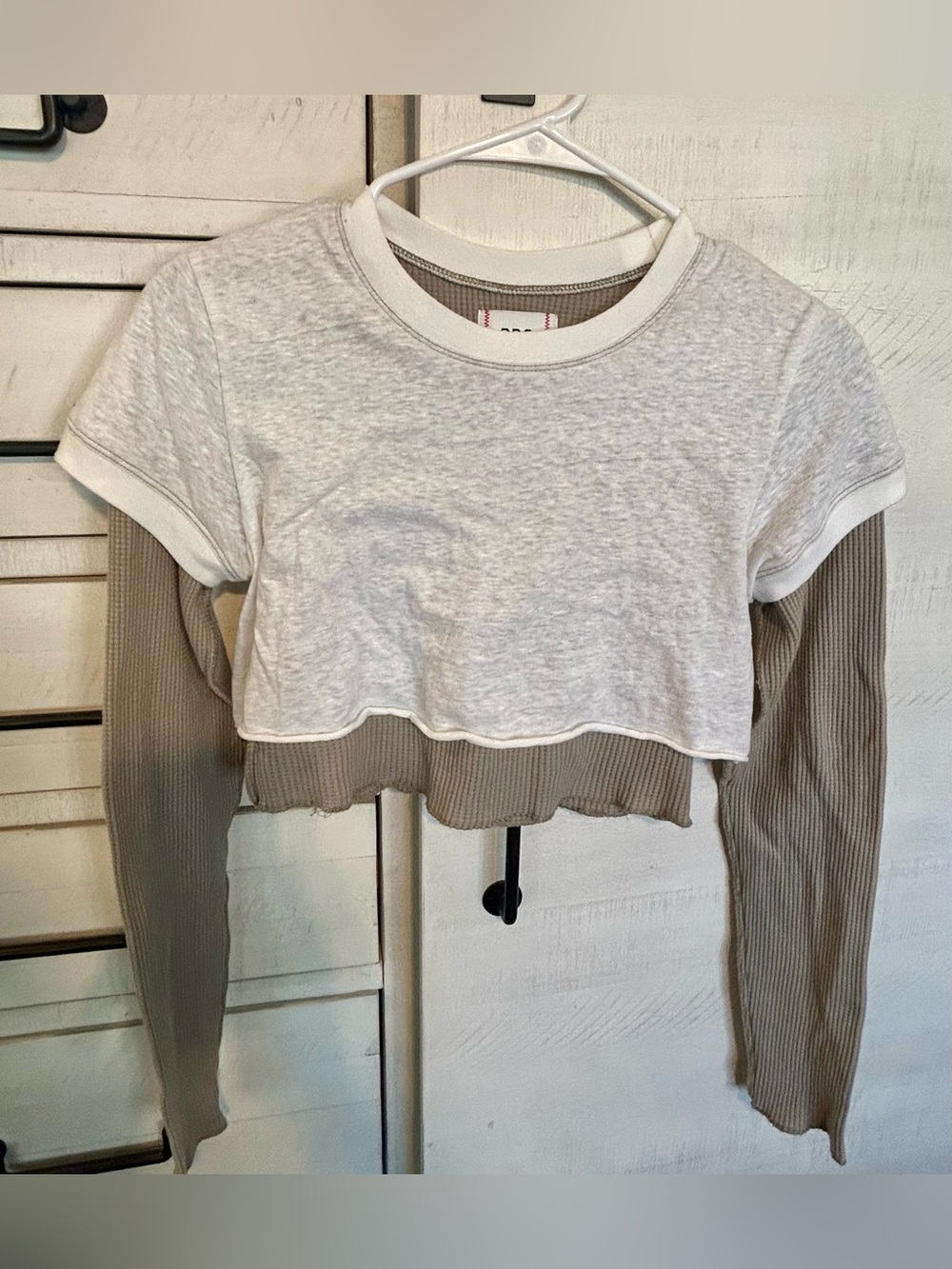 BDG Two-Layered Cropped Tee in White and Taupe